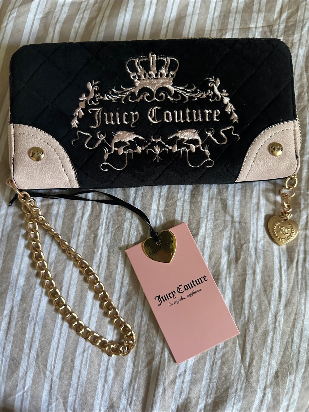Juicy Couture Black and Blush Quilted Wristlet with Gold Accents
